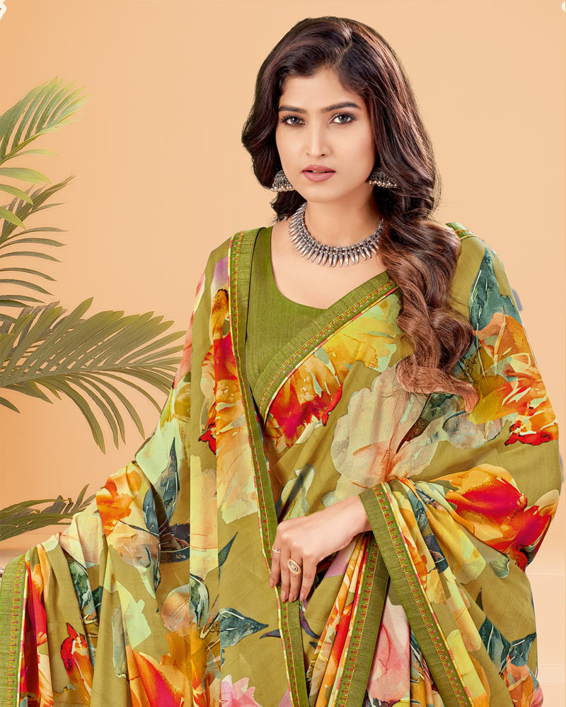 Vishal Prints Olive Green Printed Criva Crepe Saree With Printed Fancy Border