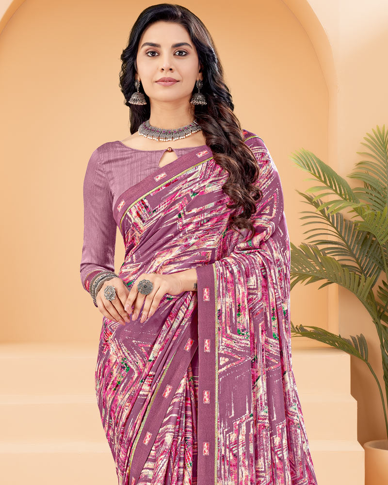 Vishal Prints Mauve Printed Criva Crepe Saree With Printed Fancy Border