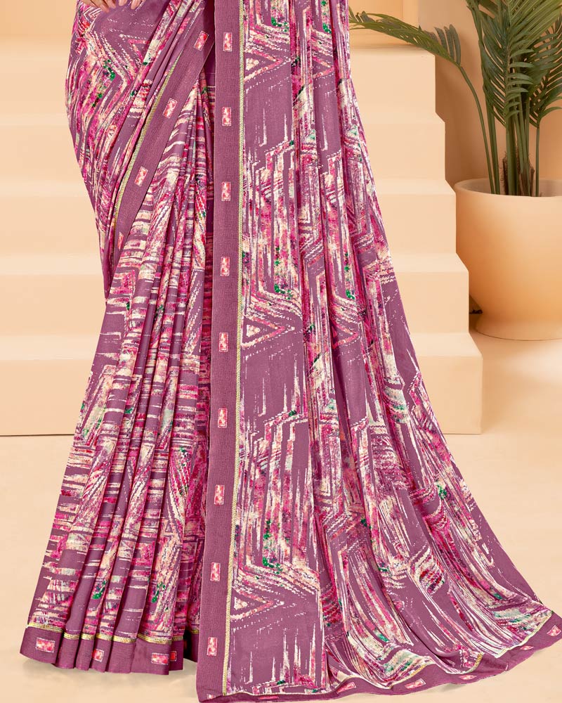 Vishal Prints Mauve Printed Criva Crepe Saree With Printed Fancy Border