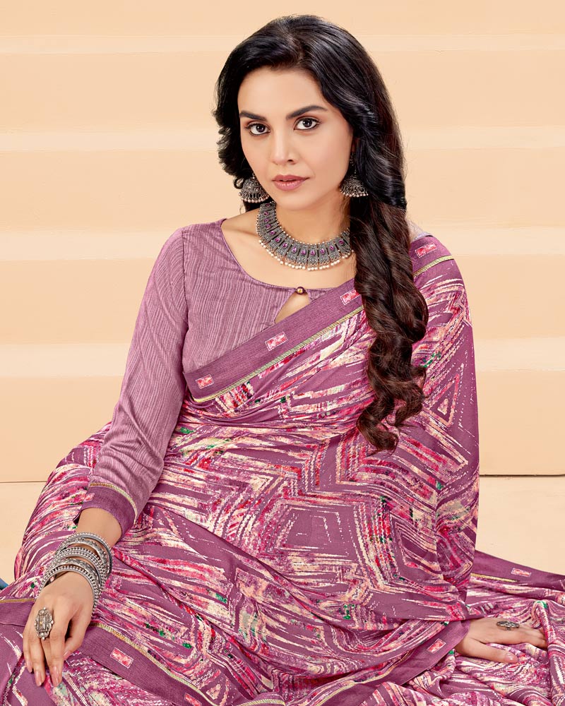 Vishal Prints Mauve Printed Criva Crepe Saree With Printed Fancy Border