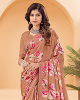 Vishal Prints Chocolate Brown Printed Criva Crepe Saree With Printed Fancy Border
