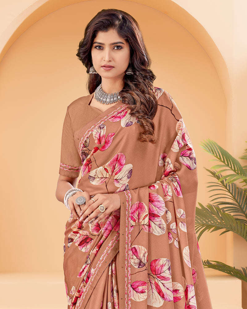 Vishal Prints Chocolate Brown Printed Criva Crepe Saree With Printed Fancy Border