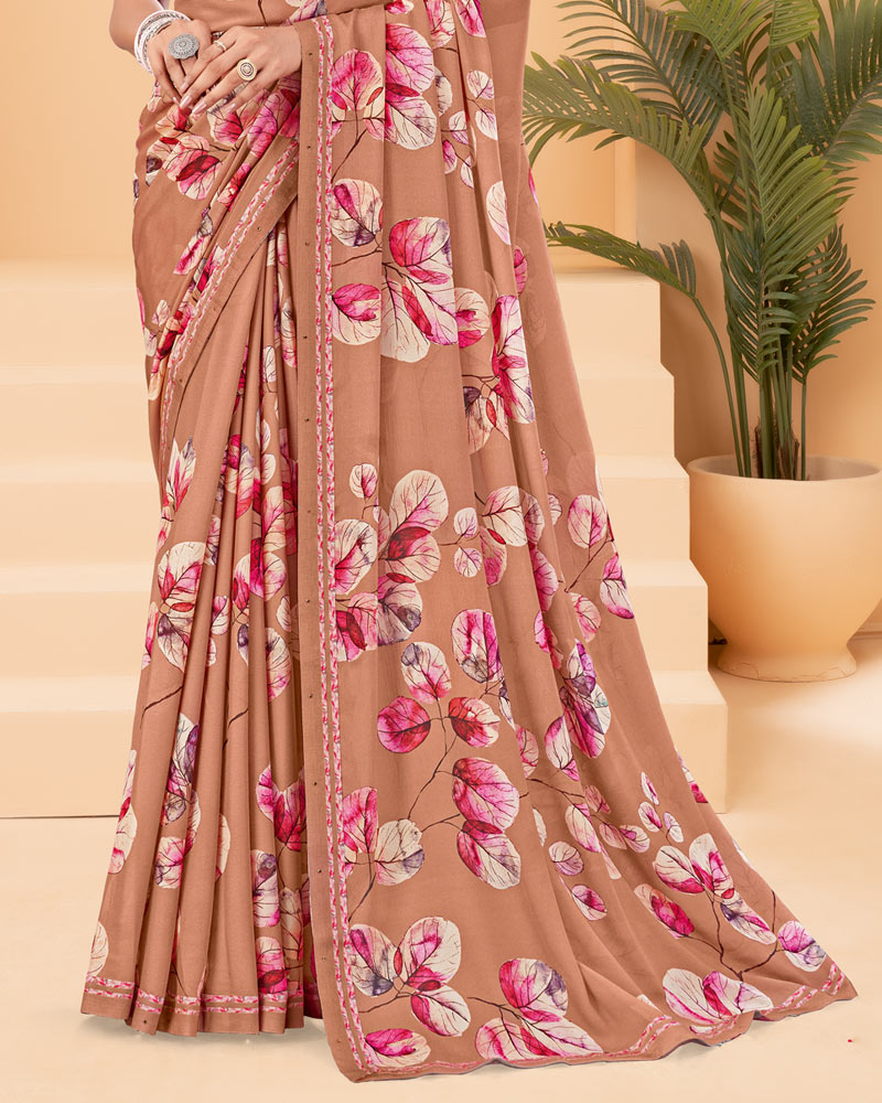 Vishal Prints Chocolate Brown Printed Criva Crepe Saree With Printed Fancy Border