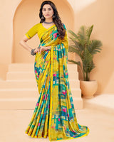 Vishal Prints Lime Yellow Printed Criva Crepe Saree With Printed Fancy Border
