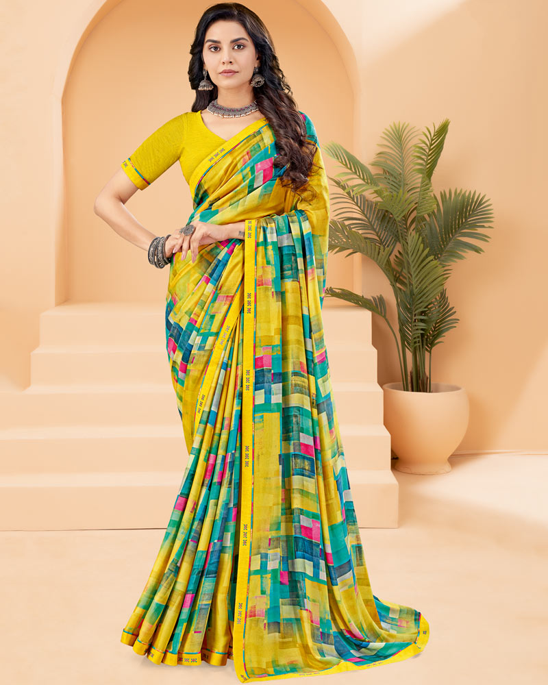 Vishal Prints Lime Yellow Printed Criva Crepe Saree With Printed Fancy Border