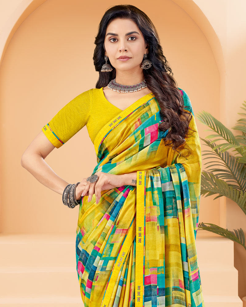 Vishal Prints Lime Yellow Printed Criva Crepe Saree With Printed Fancy Border