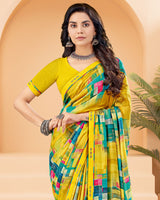 Vishal Prints Lime Yellow Printed Criva Crepe Saree With Printed Fancy Border