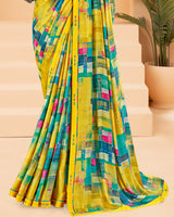 Vishal Prints Lime Yellow Printed Criva Crepe Saree With Printed Fancy Border