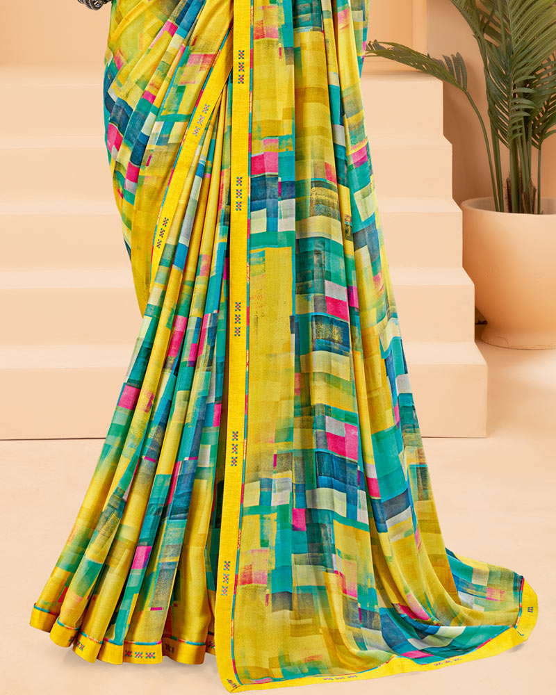 Vishal Prints Lime Yellow Printed Criva Crepe Saree With Printed Fancy Border