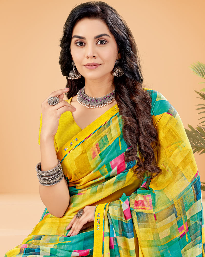 Vishal Prints Lime Yellow Printed Criva Crepe Saree With Printed Fancy Border