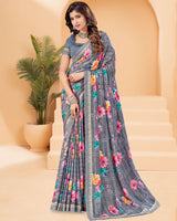 Vishal Prints Cool Grey Printed Criva Crepe Saree With Printed Fancy Border