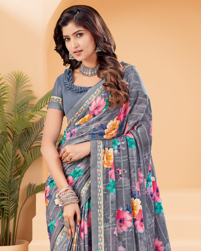 Vishal Prints Cool Grey Printed Criva Crepe Saree With Printed Fancy Border