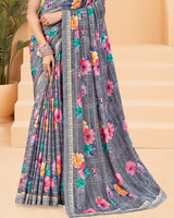 Vishal Prints Cool Grey Printed Criva Crepe Saree With Printed Fancy Border