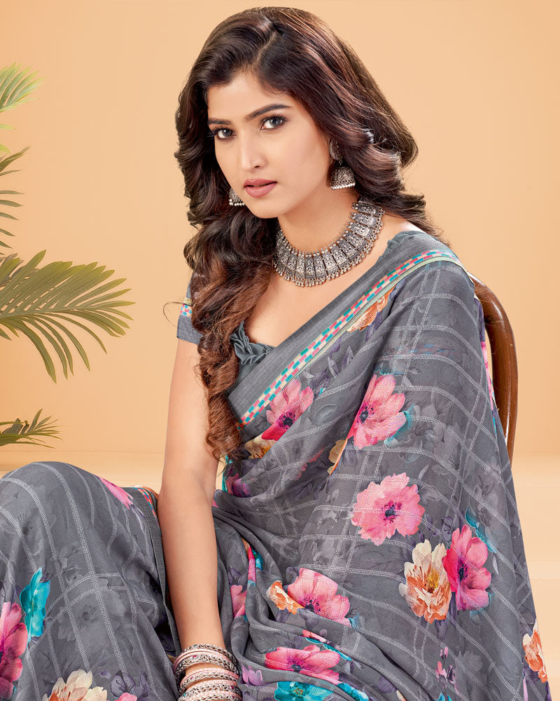 Vishal Prints Cool Grey Printed Criva Crepe Saree With Printed Fancy Border