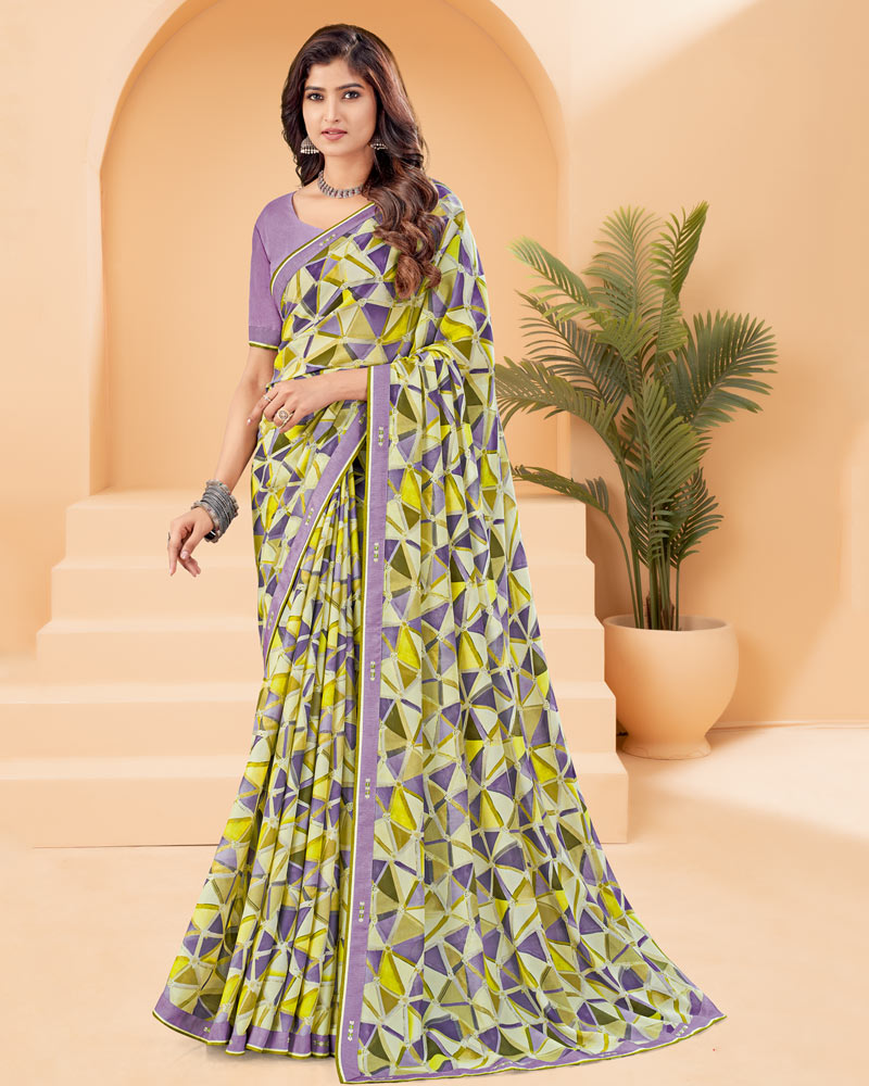Vishal Prints Pastel Purple Printed Criva Crepe Saree With Printed Fancy Border
