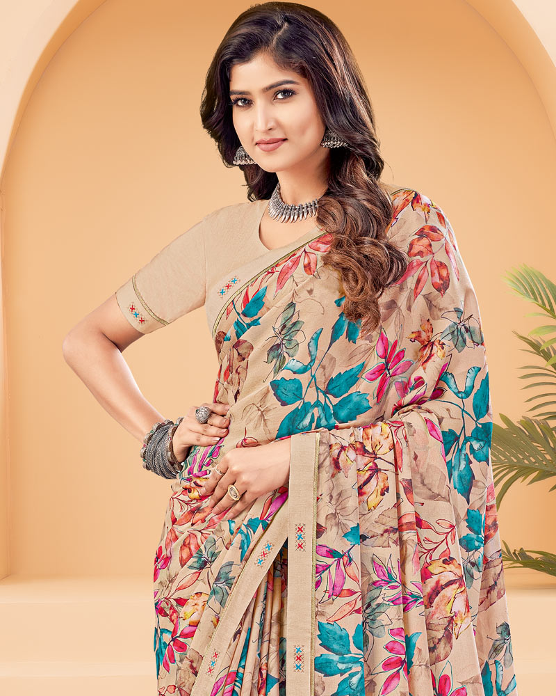 Vishal Prints Pastel Brown Printed Criva Crepe Saree With Printed Fancy Border