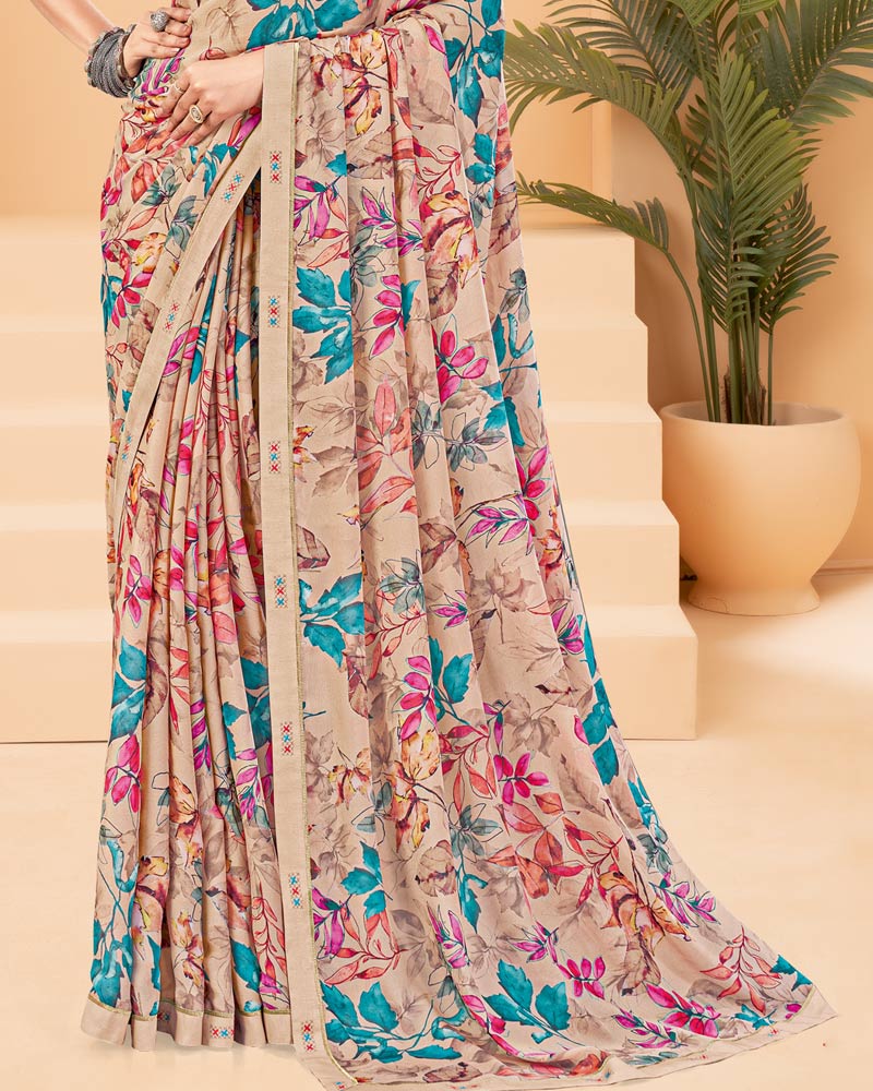 Vishal Prints Pastel Brown Printed Criva Crepe Saree With Printed Fancy Border