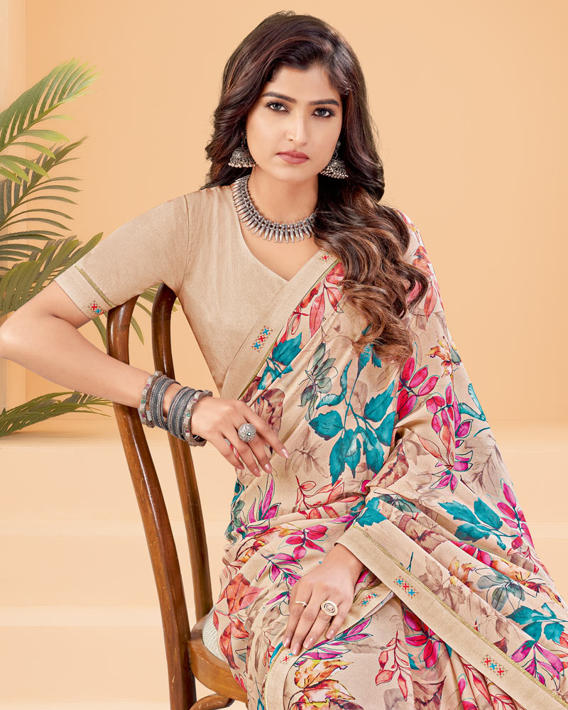 Vishal Prints Pastel Brown Printed Criva Crepe Saree With Printed Fancy Border