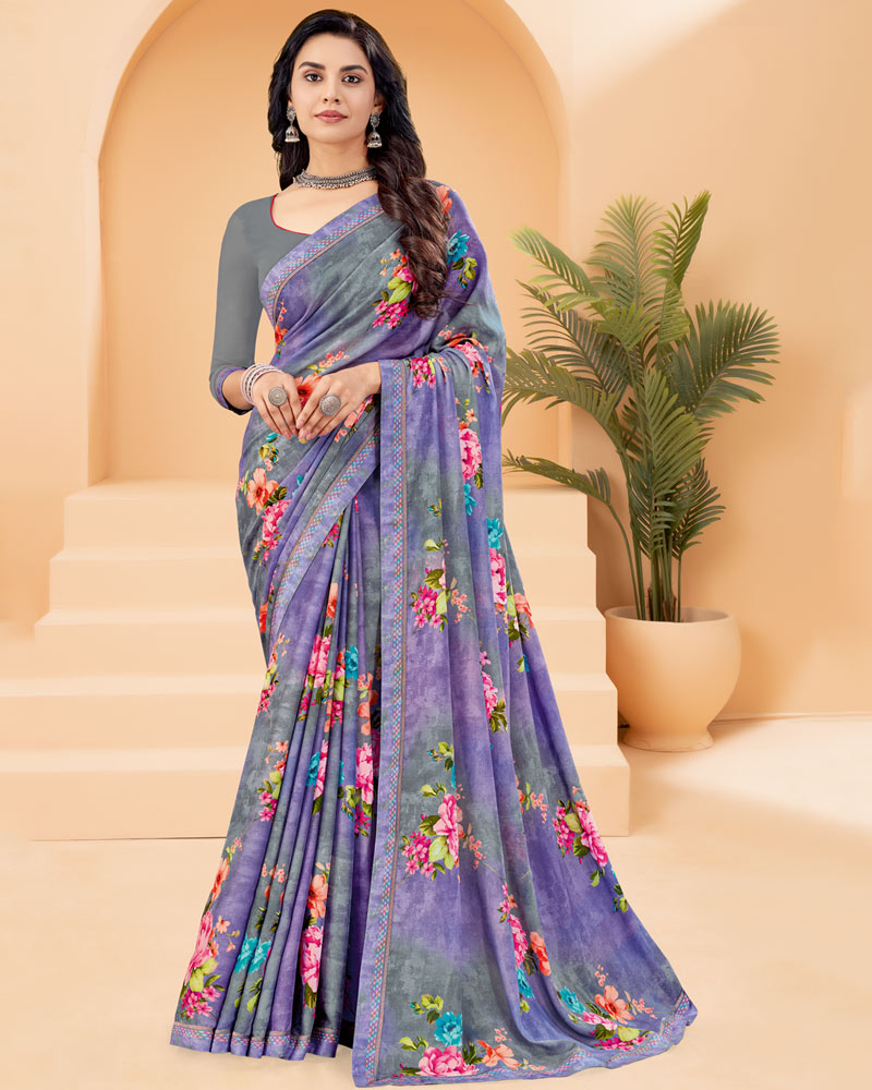 Vishal Prints Dark Lavender Printed Criva Crepe Saree With Printed Fancy Border