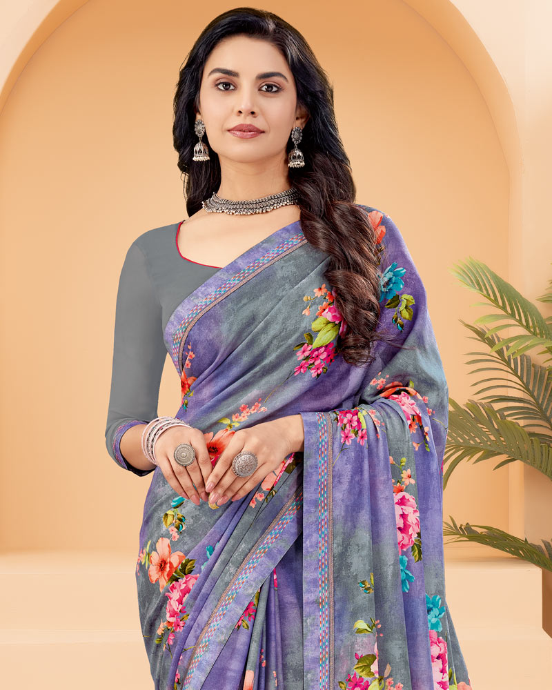 Vishal Prints Dark Lavender Printed Criva Crepe Saree With Printed Fancy Border