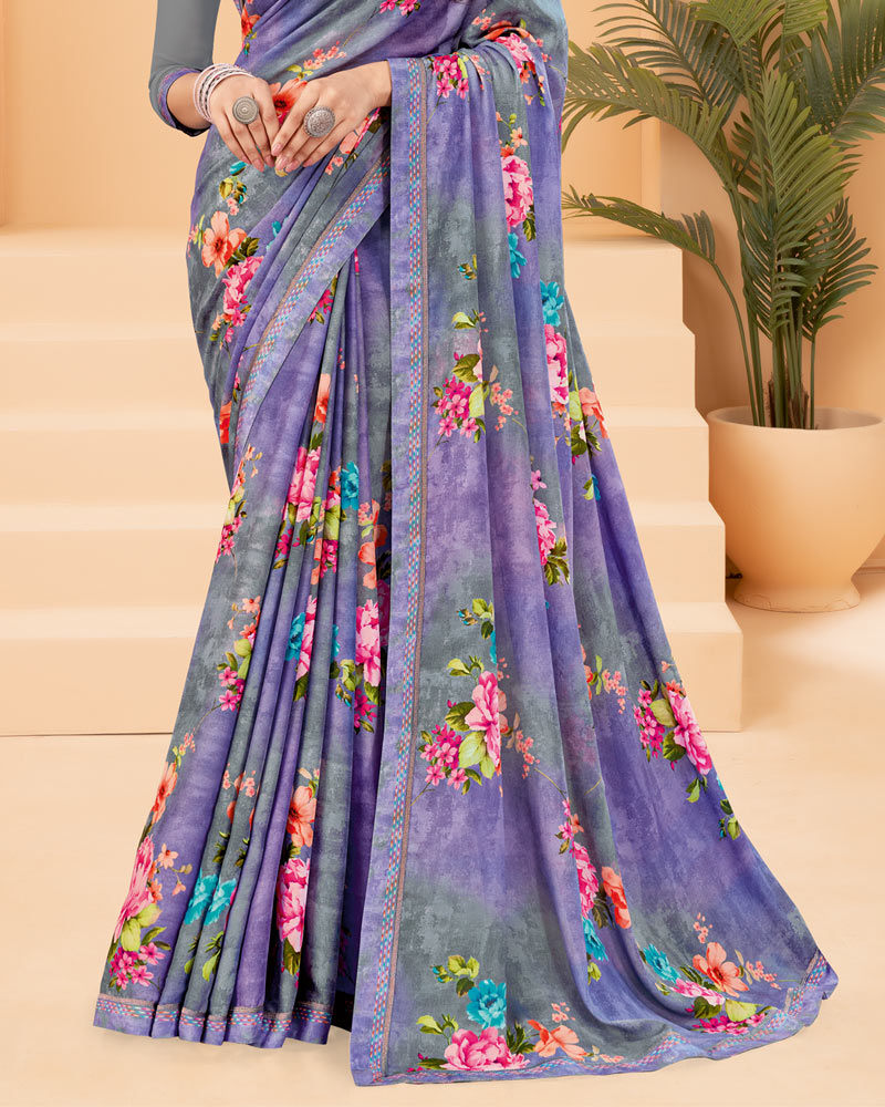 Vishal Prints Dark Lavender Printed Criva Crepe Saree With Printed Fancy Border