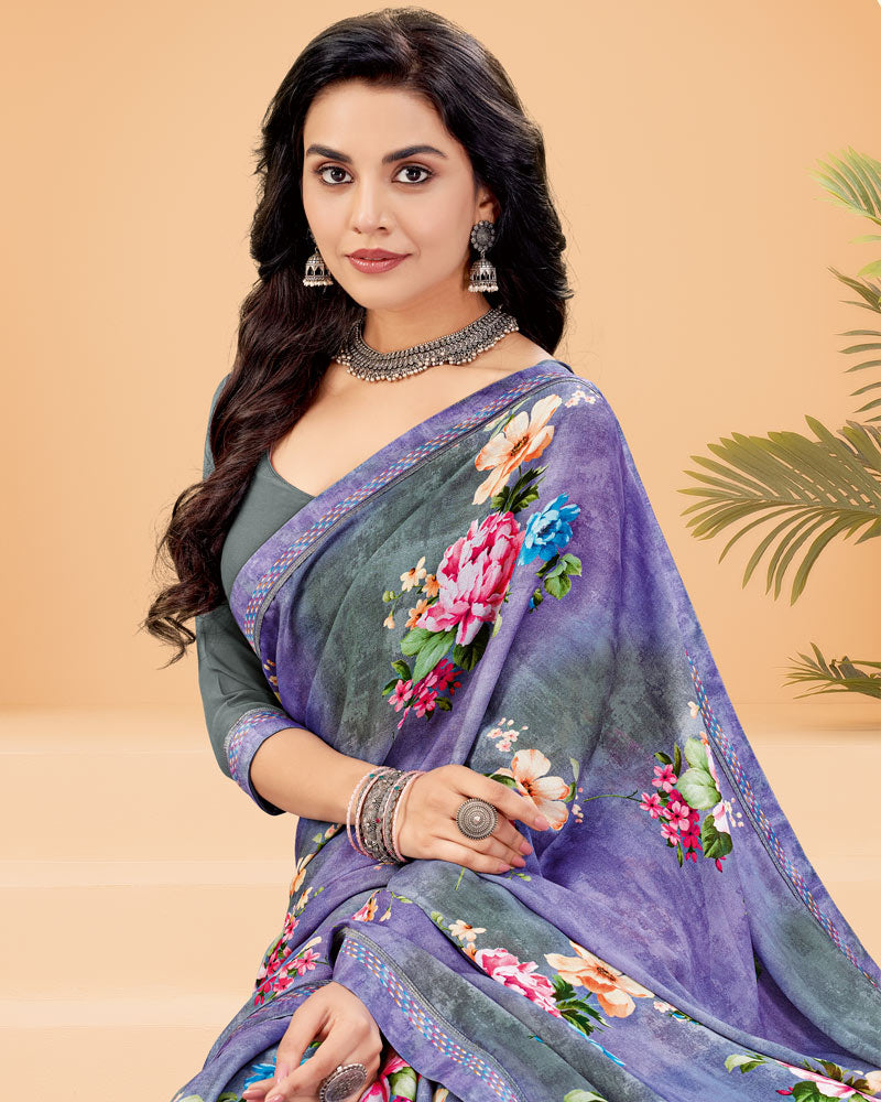 Vishal Prints Dark Lavender Printed Criva Crepe Saree With Printed Fancy Border