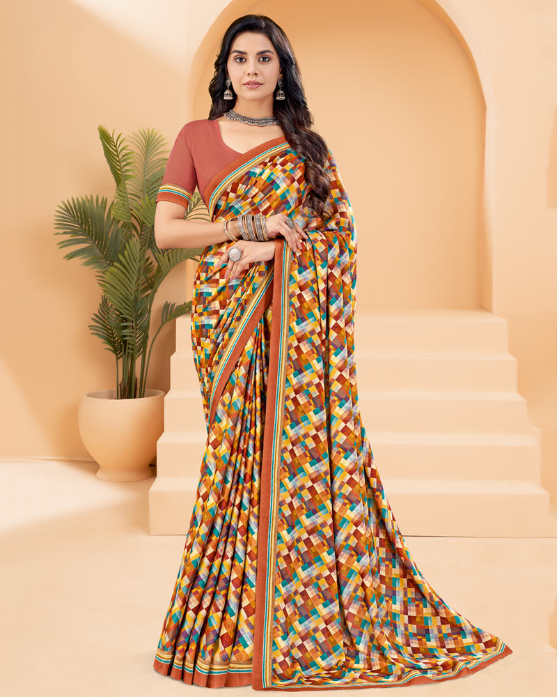 Vishal Prints Rusty Orange Printed Criva Crepe Saree With Printed Fancy Border