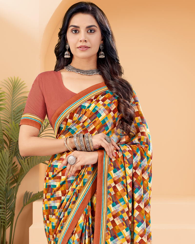 Vishal Prints Rusty Orange Printed Criva Crepe Saree With Printed Fancy Border
