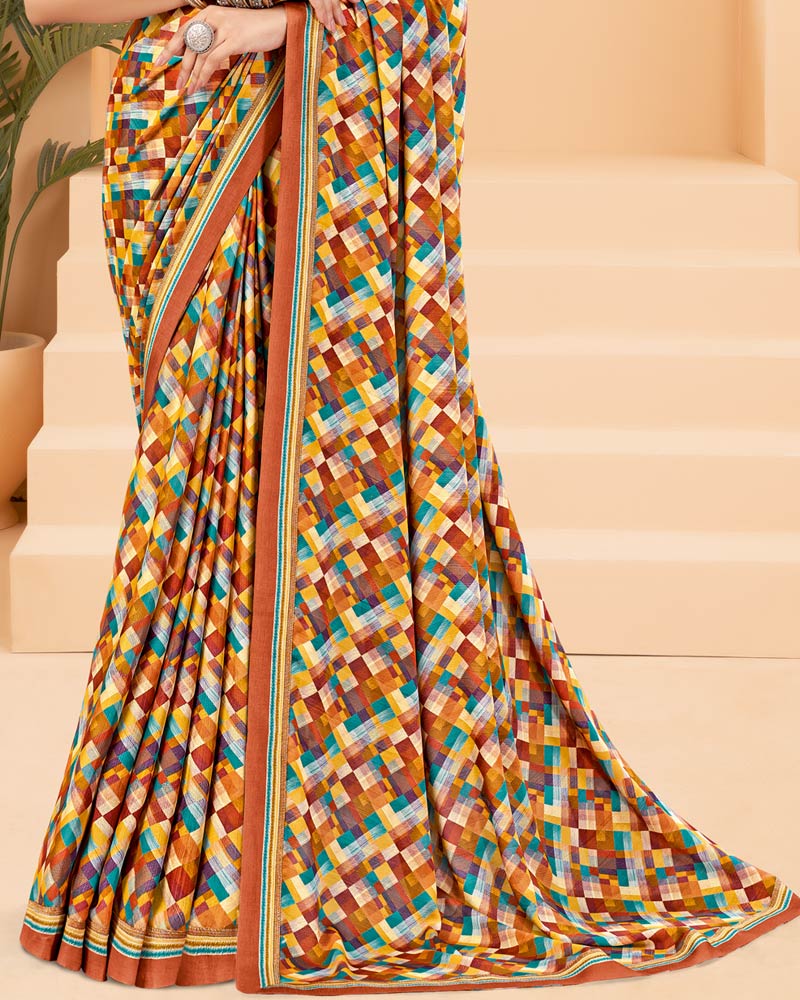 Vishal Prints Rusty Orange Printed Criva Crepe Saree With Printed Fancy Border