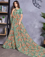 Vishal Prints Greenish Grey Digital Print Georgette Saree With Satin Border