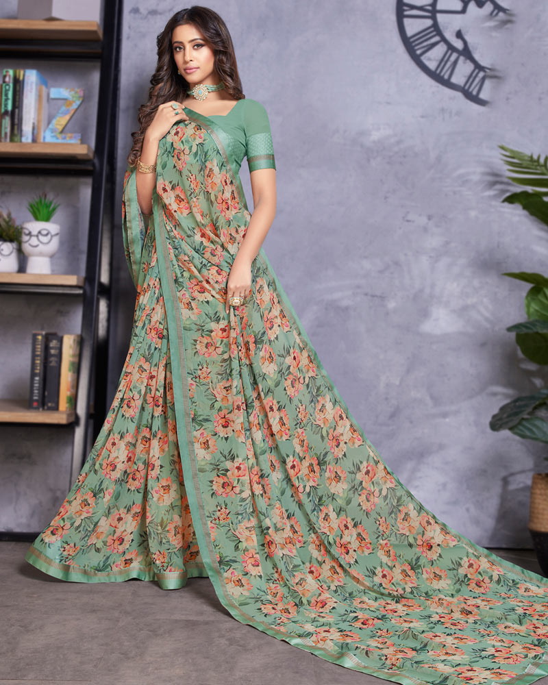 Vishal Prints Greenish Grey Digital Print Georgette Saree With Satin Border