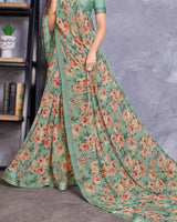 Vishal Prints Greenish Grey Digital Print Georgette Saree With Satin Border
