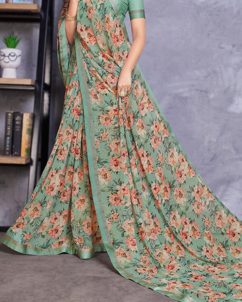 Vishal Prints Greenish Grey Digital Print Georgette Saree With Satin Border