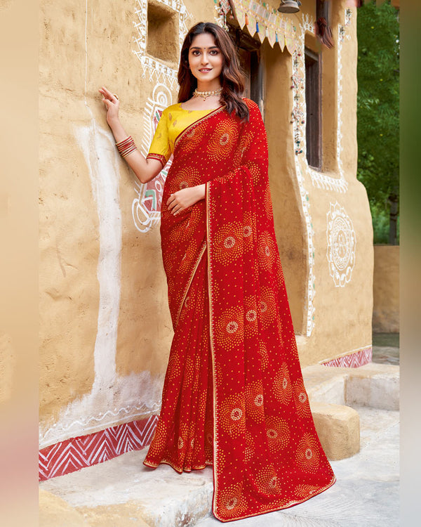 Vishal Prints Dark Red Printed Chiffon Traditional Print Saree With Fancy Border