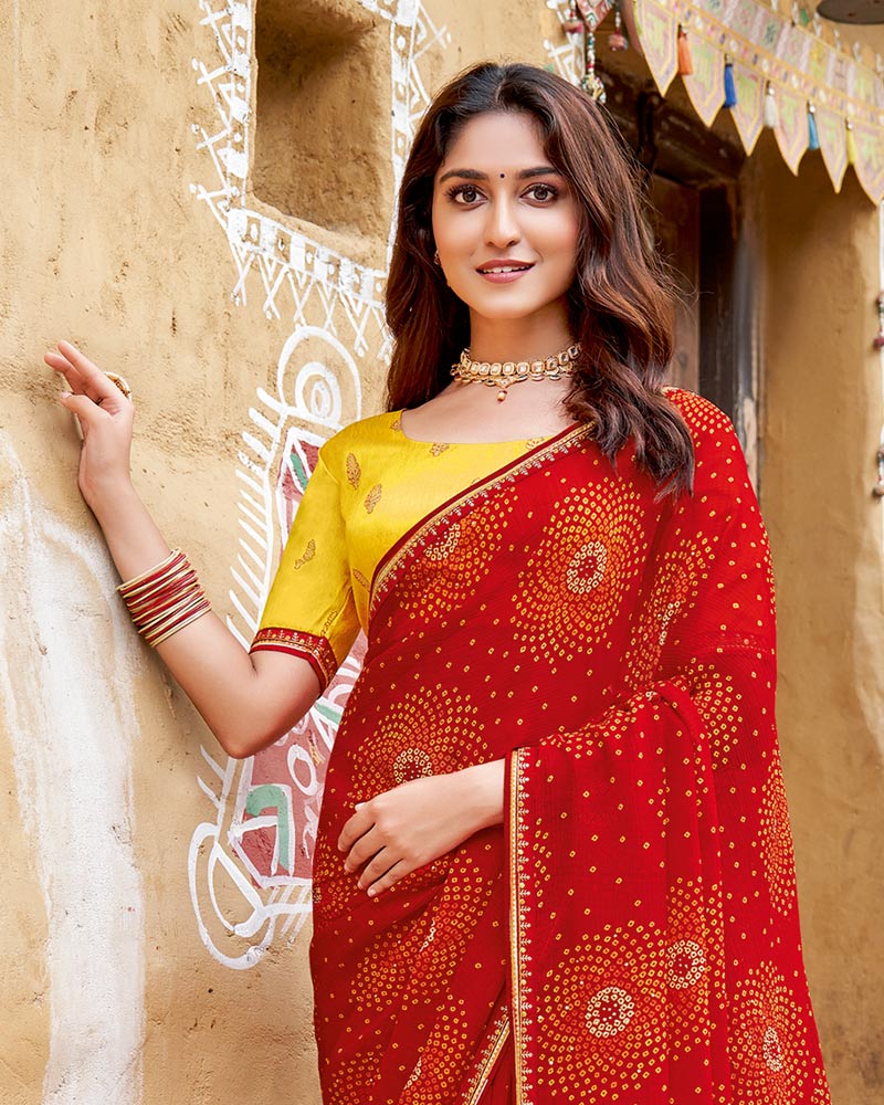 Vishal Prints Dark Red Printed Chiffon Traditional Print Saree With Fancy Border