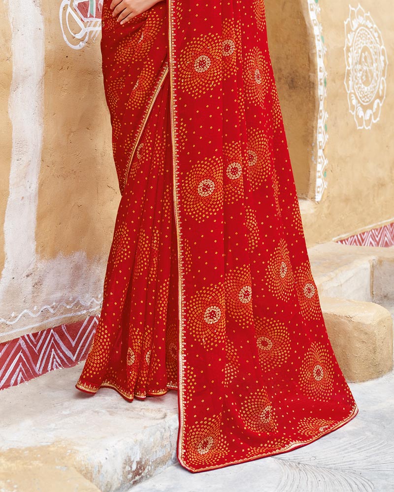 Vishal Prints Dark Red Printed Chiffon Traditional Print Saree With Fancy Border