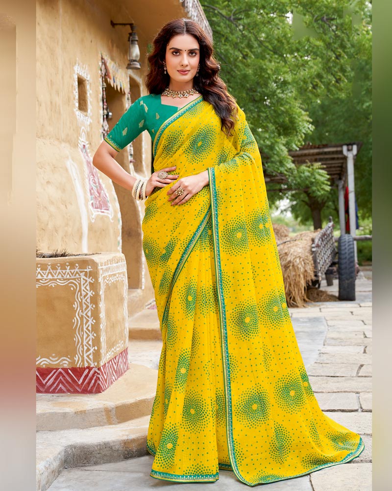 Vishal Prints Golden Yellow Printed Chiffon Traditional Print Saree With Fancy Border