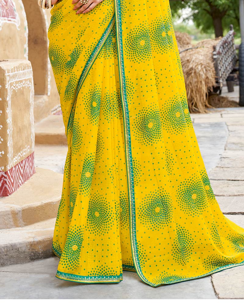 Vishal Prints Golden Yellow Printed Chiffon Traditional Print Saree With Fancy Border