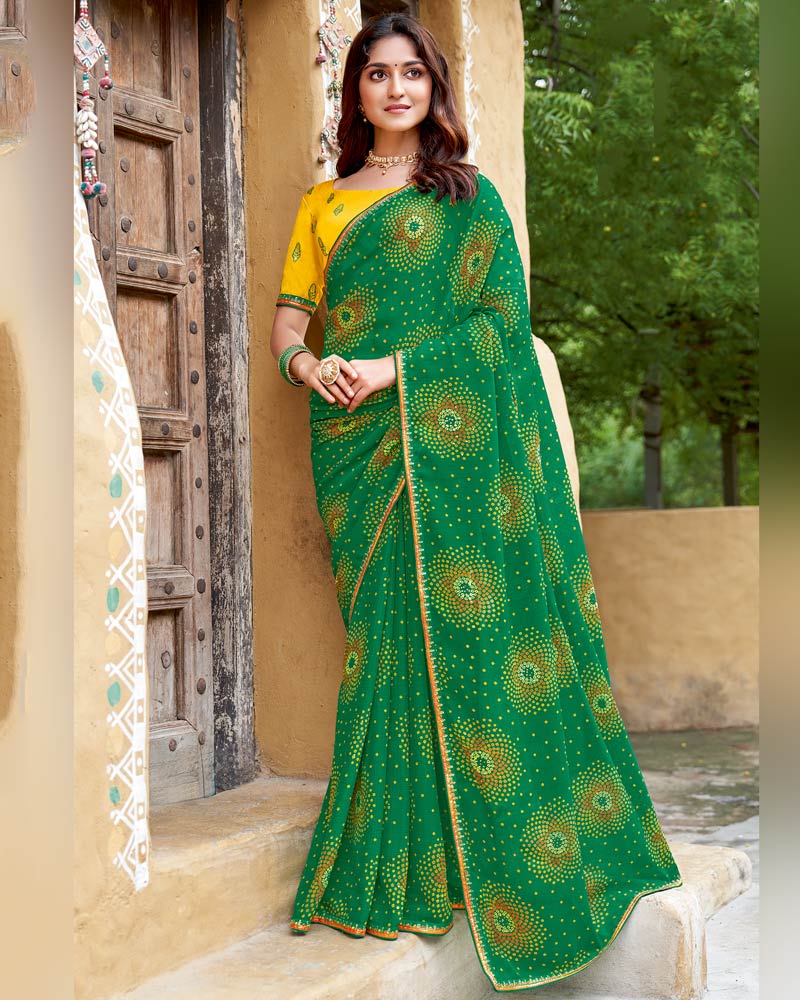 Vishal Prints Spring Green Printed Chiffon Traditional Print Saree With Fancy Border
