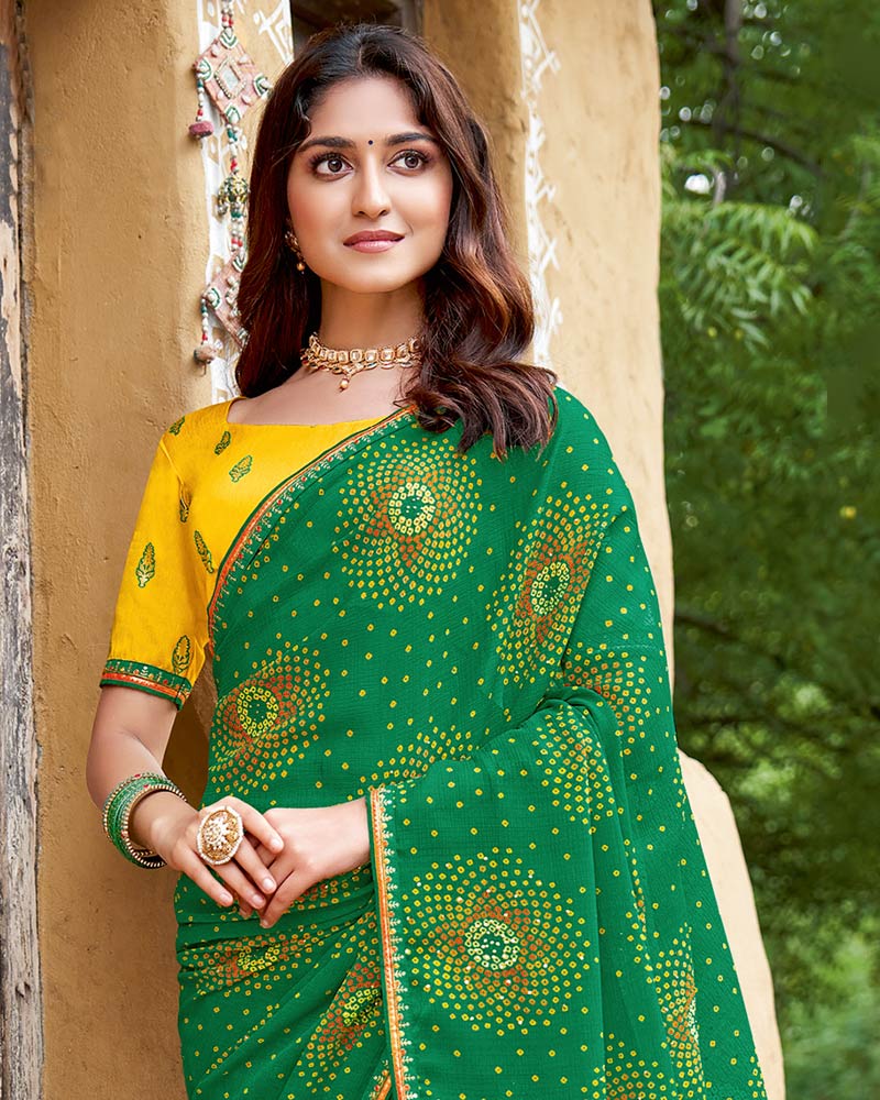 Vishal Prints Spring Green Printed Chiffon Traditional Print Saree With Fancy Border