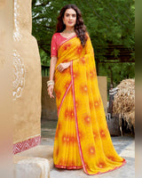 Vishal Prints Golden Yellow Printed Chiffon Traditional Print Saree With Fancy Border