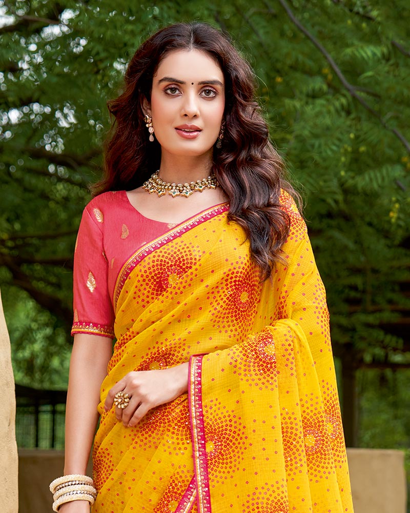 Vishal Prints Golden Yellow Printed Chiffon Traditional Print Saree With Fancy Border