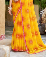 Vishal Prints Golden Yellow Printed Chiffon Traditional Print Saree With Fancy Border
