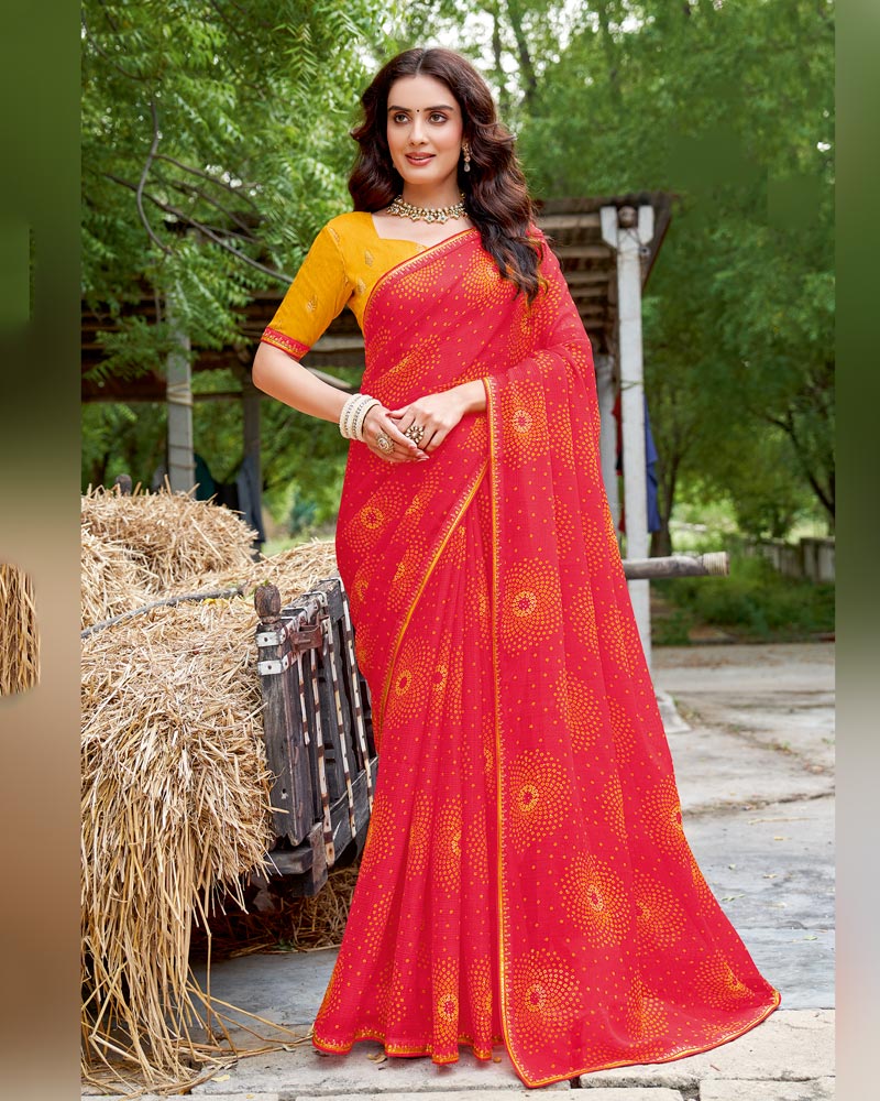 Vishal Prints Pinkish Red Printed Chiffon Traditional Print Saree With Fancy Border