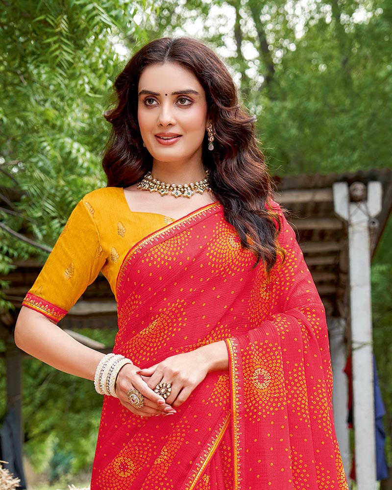 Vishal Prints Pinkish Red Printed Chiffon Traditional Print Saree With Fancy Border