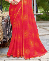 Vishal Prints Pinkish Red Printed Chiffon Traditional Print Saree With Fancy Border