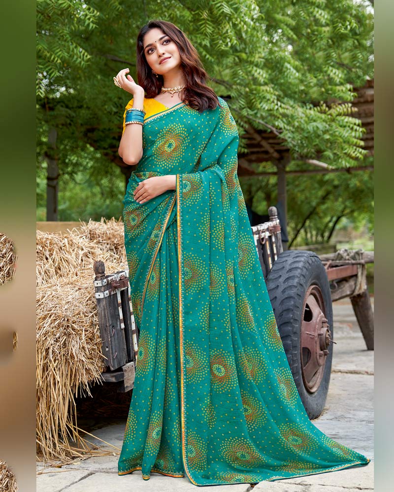 Vishal Prints Teal Green Printed Chiffon Traditional Print Saree With Fancy Border