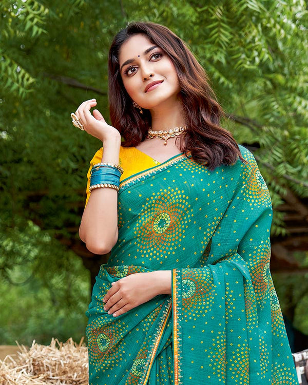 Vishal Prints Teal Green Printed Chiffon Traditional Print Saree With Fancy Border