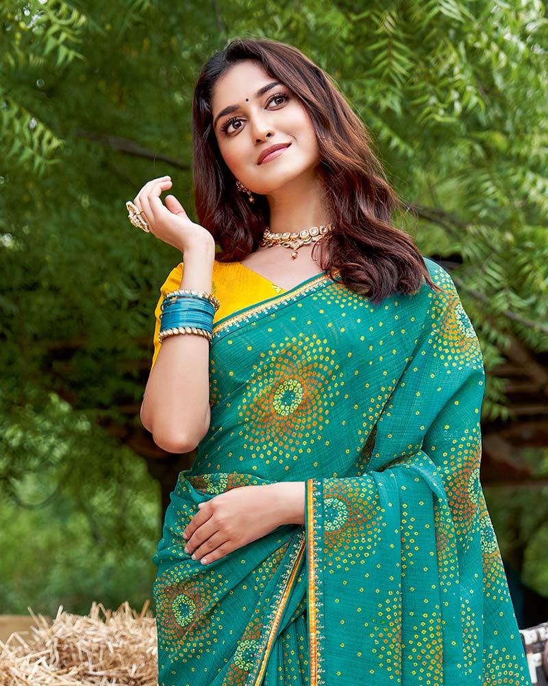 Vishal Prints Teal Green Printed Chiffon Traditional Print Saree With Fancy Border