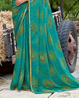 Vishal Prints Teal Green Printed Chiffon Traditional Print Saree With Fancy Border